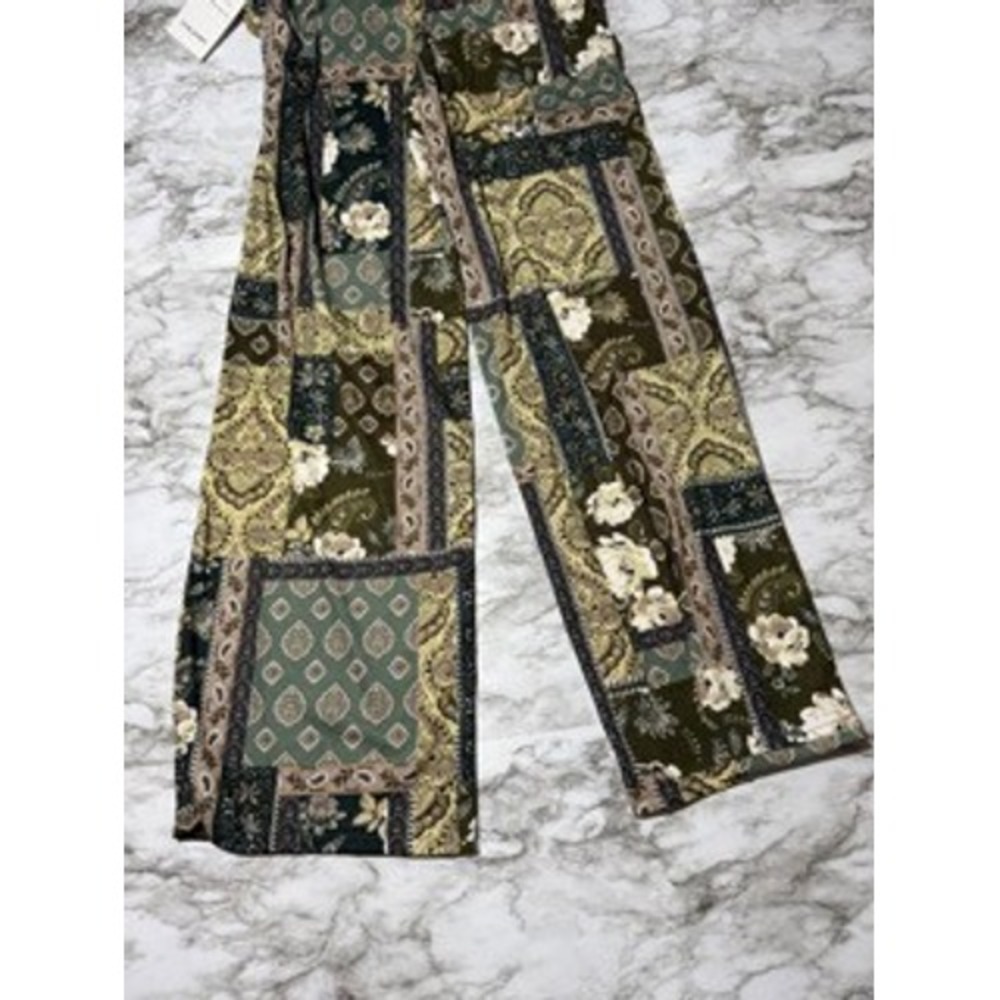 Love Poem Pants Women's Drawstring Waist Olive Green Patchwork Floral Wide Leg - Picture 7 of 7